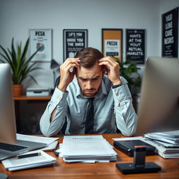 An upset man sitting at his desk in a modern office environment, surrounded by paperwork and a computer