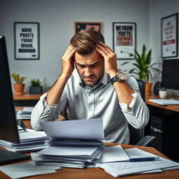 An upset man sitting at his desk in a modern office environment, surrounded by paperwork and a computer
