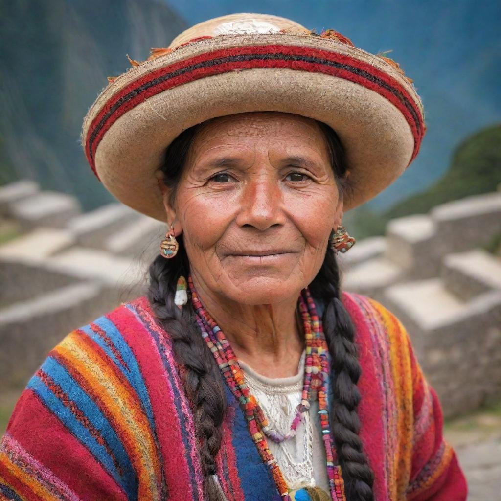 A captivating image of a Peruvian person, possibly surrounded by authentic Peruvian elements such as the Machu Picchu, traditional clothing, or vibrant local markets.