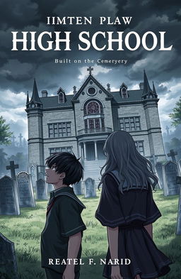 A novel cover featuring a haunted high school built on a graveyard, with an eerie yet intriguing atmosphere