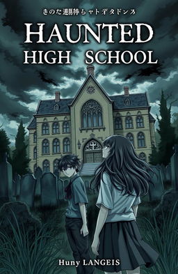 A novel cover featuring a haunted high school built on a graveyard, with an eerie yet intriguing atmosphere