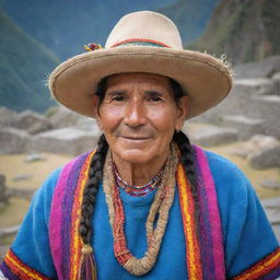 A captivating image of a Peruvian person, possibly surrounded by authentic Peruvian elements such as the Machu Picchu, traditional clothing, or vibrant local markets.