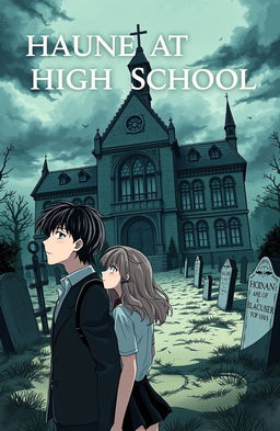 A novel cover featuring a haunted high school built on a graveyard, with an eerie yet intriguing atmosphere