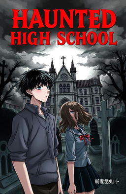 A novel cover featuring a haunted high school built on a graveyard, with an eerie yet intriguing atmosphere