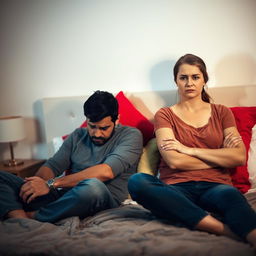 An upset couple sitting on a neatly made bed, with a tense atmosphere surrounding them