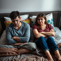 An upset couple sitting on a neatly made bed, with a tense atmosphere surrounding them