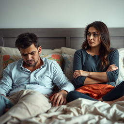 An upset couple sitting on a neatly made bed, with a tense atmosphere surrounding them