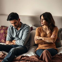 An upset couple sitting on a neatly made bed, with a tense atmosphere surrounding them