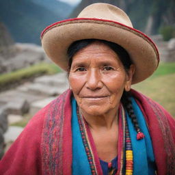 A captivating image of a Peruvian person, possibly surrounded by authentic Peruvian elements such as the Machu Picchu, traditional clothing, or vibrant local markets.