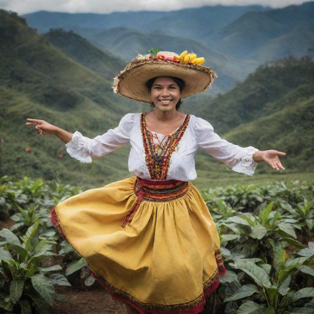 An engaging image of a Colombian individual infused with elements representing the rich Colombian culture, such as a coffee plantation, traditional dance, or iconic Colombian landscapes.