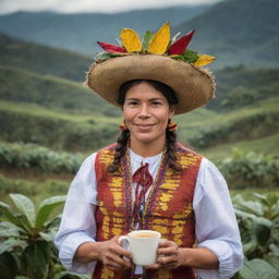 An engaging image of a Colombian individual infused with elements representing the rich Colombian culture, such as a coffee plantation, traditional dance, or iconic Colombian landscapes.