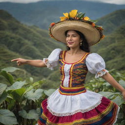 An engaging image of a Colombian individual infused with elements representing the rich Colombian culture, such as a coffee plantation, traditional dance, or iconic Colombian landscapes.