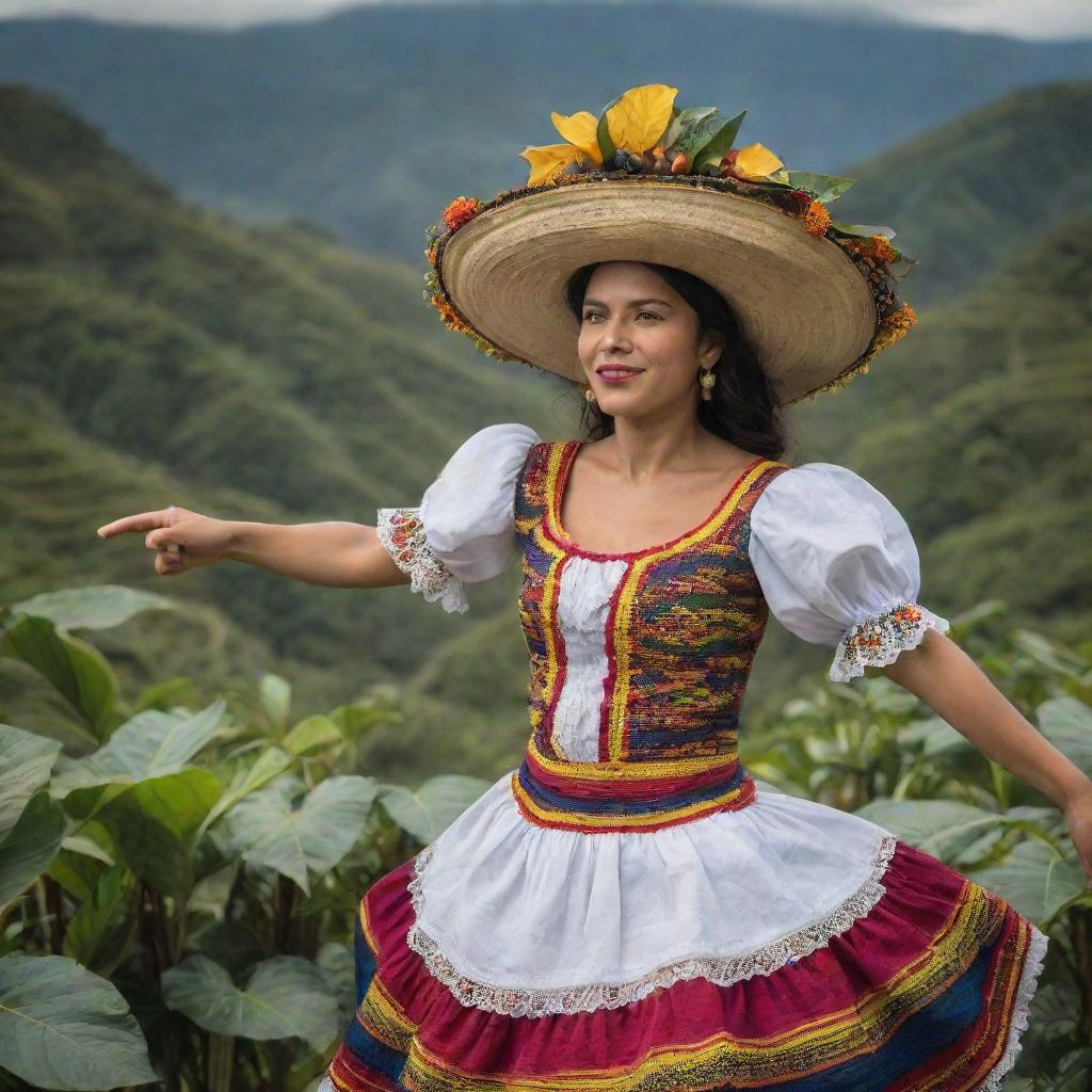 An engaging image of a Colombian individual infused with elements representing the rich Colombian culture, such as a coffee plantation, traditional dance, or iconic Colombian landscapes.