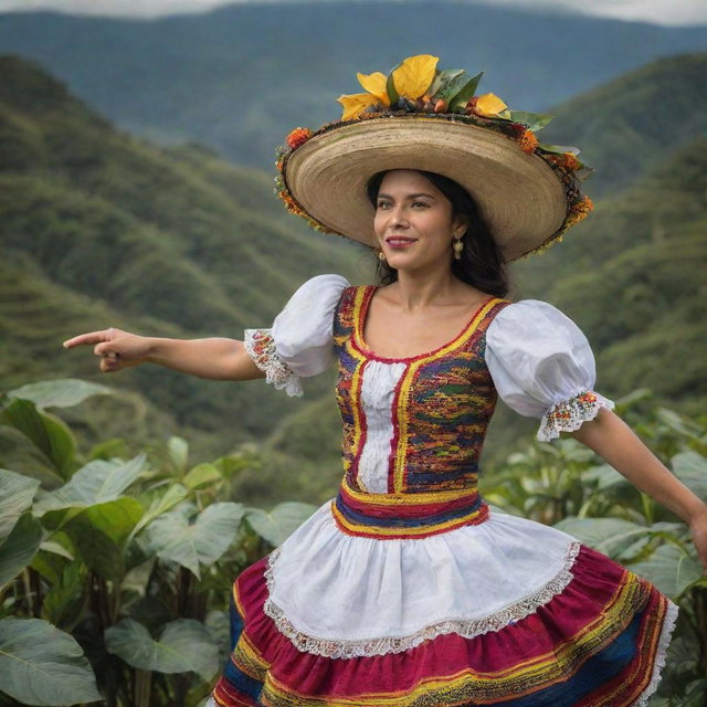 An engaging image of a Colombian individual infused with elements representing the rich Colombian culture, such as a coffee plantation, traditional dance, or iconic Colombian landscapes.