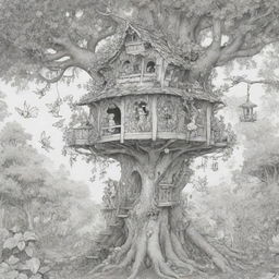 An enchanting, two-dimensional black and white outline of joyful fairies playing outside a charming treehouse for a colouring page.