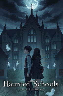 A chilling and atmospheric novel cover illustration featuring a haunted school built on a burial ground
