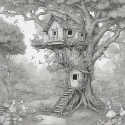 An enchanting, two-dimensional black and white outline of joyful fairies playing outside a charming treehouse for a colouring page.