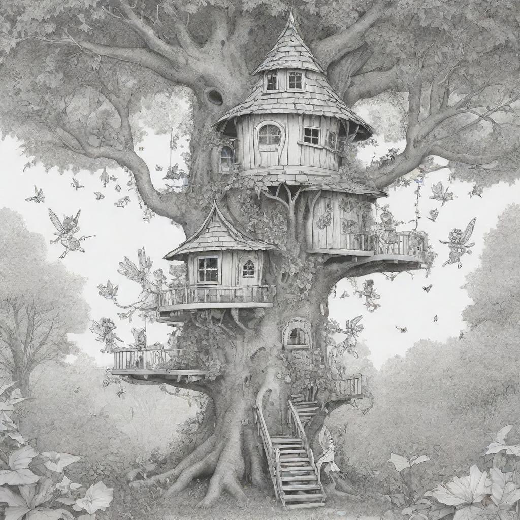 An enchanting, two-dimensional black and white outline of joyful fairies playing outside a charming treehouse for a colouring page.