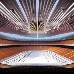 An architectural design of a vast modern indoor stadium, with large seating arrangement, a bright light system hanging from the roof, and a sleek polished competition area in the center.