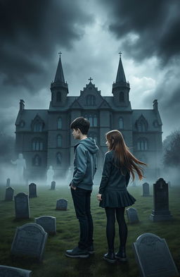 A novel cover depicting a haunted school built over a graveyard