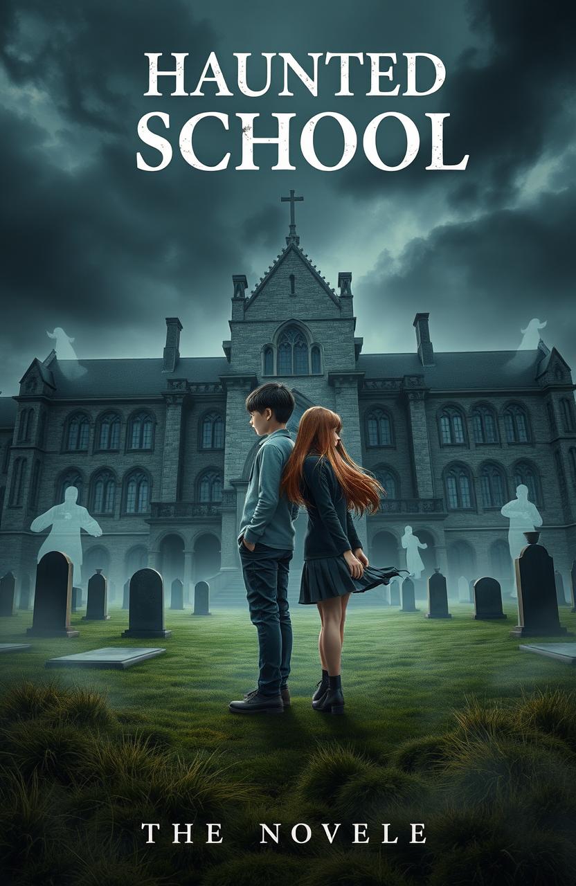 A novel cover depicting a haunted school built over a graveyard