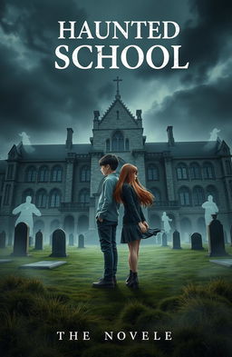 A novel cover depicting a haunted school built over a graveyard