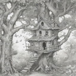 An enchanting, two-dimensional black and white outline of joyful fairies playing outside a charming treehouse for a colouring page.