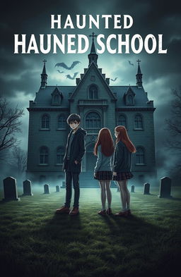 A novel cover depicting a haunted school built over a graveyard