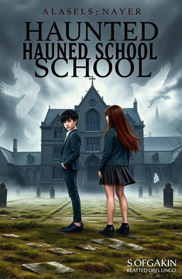 A novel cover depicting a haunted school built over a graveyard