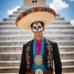 A vivid image representing a Mexican individual, possibly with cultural elements such as mariachi attire, a Day of the Dead celebration, or the iconic Chichen Itza pyramid.