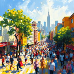 An impressionist painting depicting a vibrant and bustling cityscape filled with lively streets, colorful buildings, and dynamic crowds