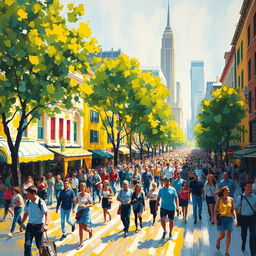 An impressionist painting depicting a vibrant and bustling cityscape filled with lively streets, colorful buildings, and dynamic crowds