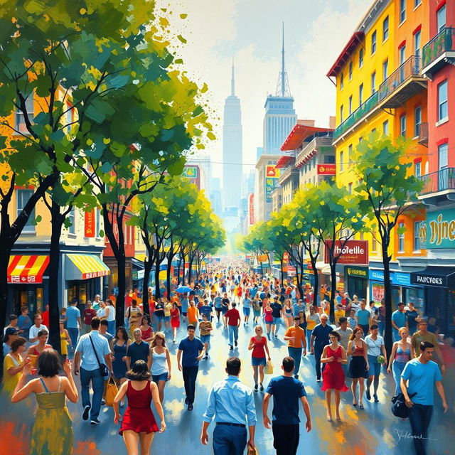 An impressionist painting depicting a vibrant and bustling cityscape filled with lively streets, colorful buildings, and dynamic crowds