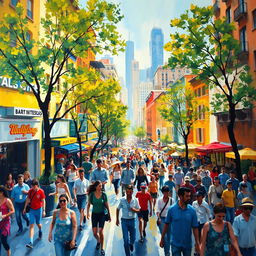 An impressionist painting depicting a vibrant and bustling cityscape filled with lively streets, colorful buildings, and dynamic crowds