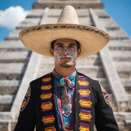 A vivid image representing a Mexican individual, possibly with cultural elements such as mariachi attire, a Day of the Dead celebration, or the iconic Chichen Itza pyramid.