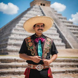 A vivid image representing a Mexican individual, possibly with cultural elements such as mariachi attire, a Day of the Dead celebration, or the iconic Chichen Itza pyramid.