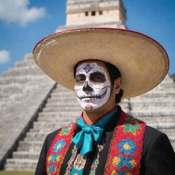 A vivid image representing a Mexican individual, possibly with cultural elements such as mariachi attire, a Day of the Dead celebration, or the iconic Chichen Itza pyramid.