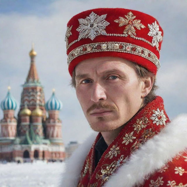 A compelling image of a Russian individual, possibly adorned in traditional attire, with elements like the iconic red square or snow-covered Siberian landscapes in the background.