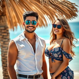 A handsome young man of Central Asian descent, intelligent and humorous, radiating charm and confidence as he enjoys a vacation