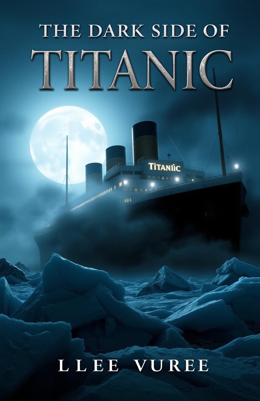 An eerie and captivating ebook cover for 'The Dark Side of Titanic', featuring a hauntingly beautiful art deco style ship silhouetted against a moonlit night sky