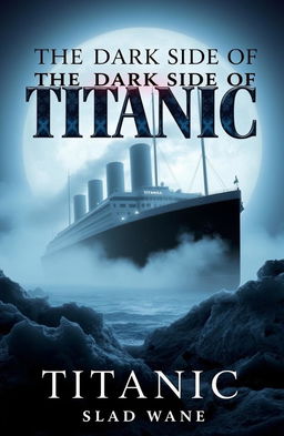 An eerie and captivating ebook cover for 'The Dark Side of Titanic', featuring a hauntingly beautiful art deco style ship silhouetted against a moonlit night sky