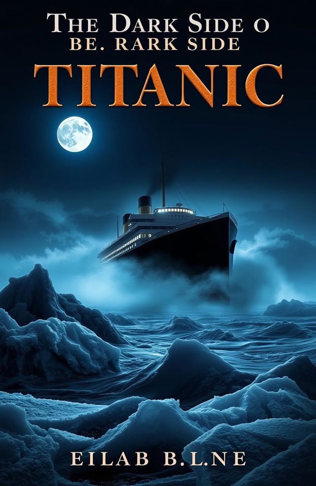 An eerie and captivating ebook cover for 'The Dark Side of Titanic', featuring a hauntingly beautiful art deco style ship silhouetted against a moonlit night sky