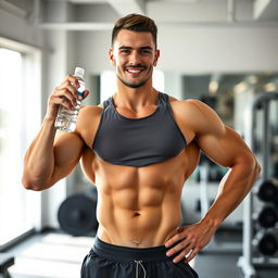 A strong, handsome man holding a bottle of water, showcasing his muscular arms and well-defined physique