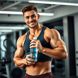 A strong, handsome man holding a bottle of water, showcasing his muscular arms and well-defined physique