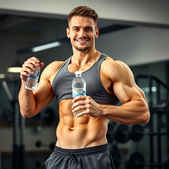 A strong, handsome man holding a bottle of water, showcasing his muscular arms and well-defined physique