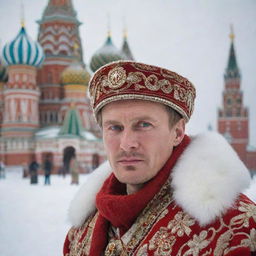 A compelling image of a Russian individual, possibly adorned in traditional attire, with elements like the iconic red square or snow-covered Siberian landscapes in the background.