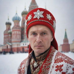 A compelling image of a Russian individual, possibly adorned in traditional attire, with elements like the iconic red square or snow-covered Siberian landscapes in the background.