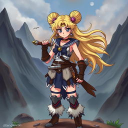 An imaginative and whimsical portrayal of a character inspired by Sailor Moon, depicted as a fierce and powerful warrior in a barbarian style