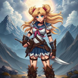 An imaginative and whimsical portrayal of a character inspired by Sailor Moon, depicted as a fierce and powerful warrior in a barbarian style