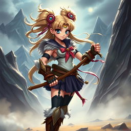 An imaginative and whimsical portrayal of a character inspired by Sailor Moon, depicted as a fierce and powerful warrior in a barbarian style
